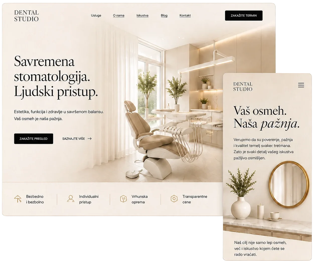 Prikaz responzivnog sajta Dental Studio na desktopu i mobilnom telefonu